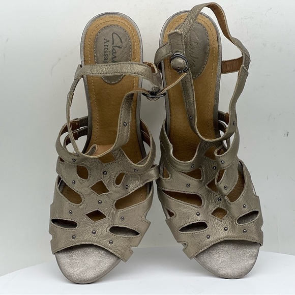 Clarks Artisan Wedge Sandals Fiddle String Espadrille Leather Neutral Tan Summer - Picture 4 of 16